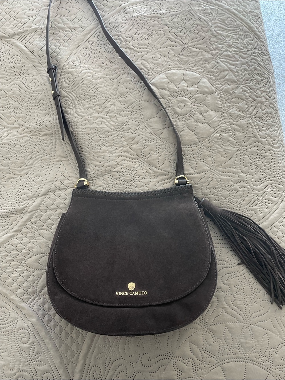 VINCE CAMUTO AIKO CHOCOLATE BROWN SUEDE SADDLE BAG